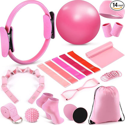 Poen 18 Pcs Home Pilates Ball and Ring Circle Set Yoga Fitness Essentials Kit with 5 Resistance Band Stretching Strap Non Slip Sock Ball Core Slider Wristband Headband Gym Bag for Women