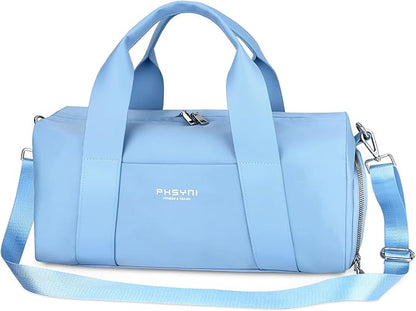 Sports Small Gym Bag for Women, Cute Mini Duffle Bag with Wet Pocket & Shoes Compartment, Personal Item Travel Workout Bag, 16"- Small, Sky Blue