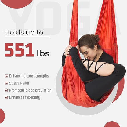 HECASA 6M Yoga Swing Silk Fabric Aerial Yoga Hammock Hanging Swing Kit w/Daisy Chain O-Ring Sling Inversion Workout Equipment Home Gym Set Indoor & Outdoor Red 6.56 Yards