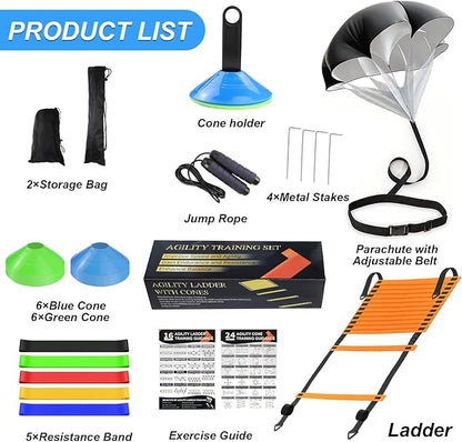 Speed Agility Training Equipment Set, Agility Ladder 20ft, 12 Football Cones, Resistance Parachute/Soccer Kick Trainer, Jump Rope, 5 Resistance Bands, Football Practice Equipment for Kids Adults