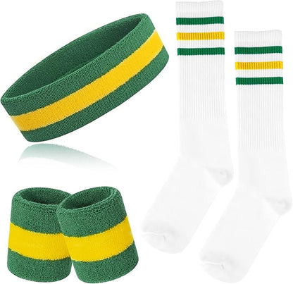ONUPGO 5 Pieces Sweatbands Striped Socks Set Sports Headband Wristbands High Tube Socks 80s Accessories Costumes