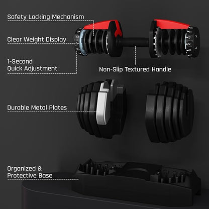 Yaheetech Adjustable Dumbbell Set 28/40/52.5/90LBS Adjustable Dumbbells Fast Adjust Dumbbell Weight Set with Anti-Slip Handle and Tray for Men/Women Home Gym Strength Training Equipment Single/Pair