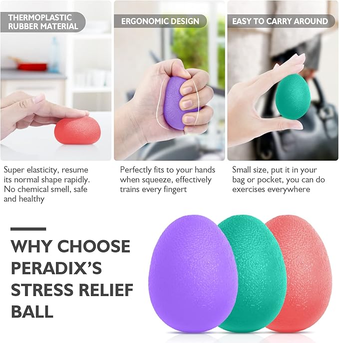 Peradix Hand Grip Strength Trainer, Stress Relief Ball, Wrist Rehab Therapy Hand Grip Equipment Ball Squishy Tools - Set of 3 Finger Resistance Exercise Squeezer