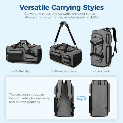Searock 45L Gym Bag for Men, 3-In-1 Duffle Bag Backpack for Travel, Sports Duffel Bags for Gym Workout, Weekender Overnight Bag with Shoe Compartment, Wet Pocket, Dark Gray
