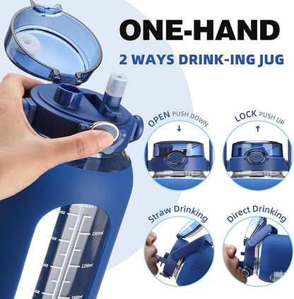 SIEROZUR 64 oz Glass Water Bottle with Straw and Handle Lid Half Gallon Motivational Glass Bottle with Silicone Sleeve and Time Marker Large Reusable Sports Water Jug for Gym Home Workout