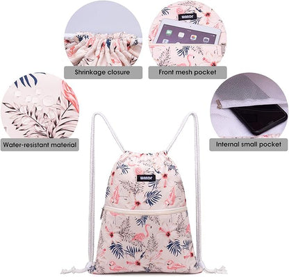 WANDF Drawstring Backpack String Bag Sackpack Cinch Water Resistant Nylon for Gym Shopping Sport Yoga (Flamingo)