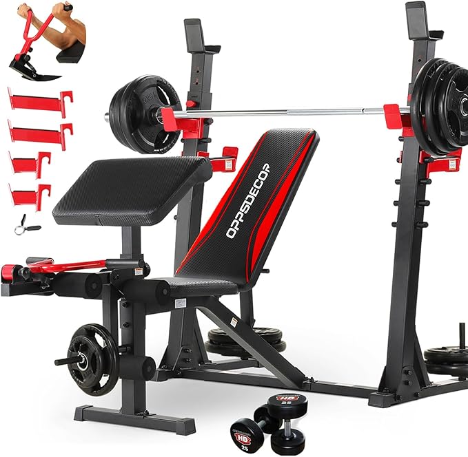 OPPSDECOR Weight Bench Set with Leg Extension and Curl, 900LBS Profesional Bench Press Set and Barbell Rack with Safety Spotter Catches, Preacher Curl Workout Benches for Home Gym