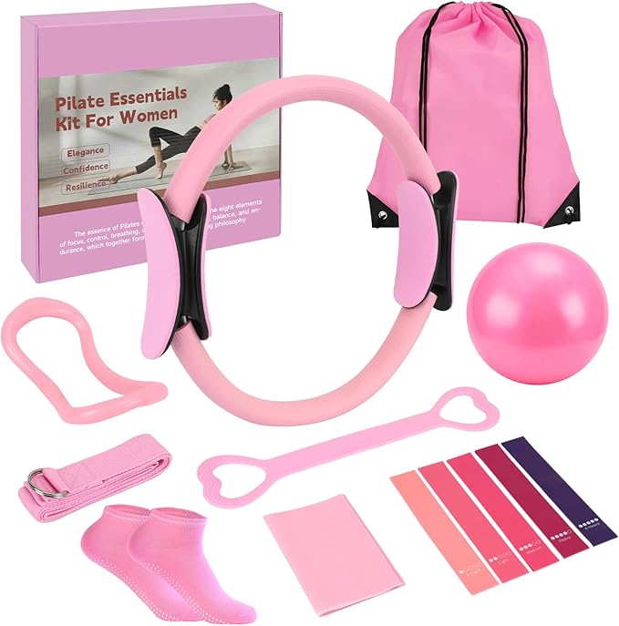 SAN LIKE Home Pilates Essentials Kit for Women, Pilates Equipment Ring and Ball Set, 12'' Magic Circle, Yoga Ball,8 Resistance Bands Premium Accessories Kits for Starter Toning Workouts at Home