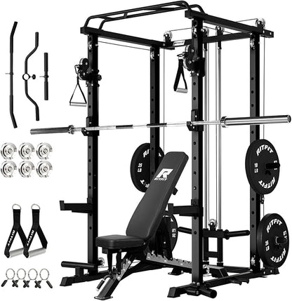 RitFit Multi-Function Garage & Home Gym Package Includes 1200LBS Power Cage PPC03/P3 with Cable Crossover System, Weight Bench, Olympic Barbell Weight Set, Full Body Workout