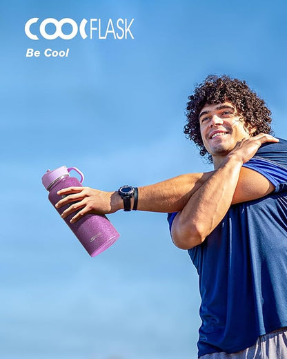Coolflask Water Bottle 32 oz Insulated with Straw, Stainless Steel Metal 3 Lids Water Flask Wide Mouth for Sports or Office, Non-BPA Keep Cold Up to 48 Hrs or Hot Up to 24 Hrs, Glitter Pink