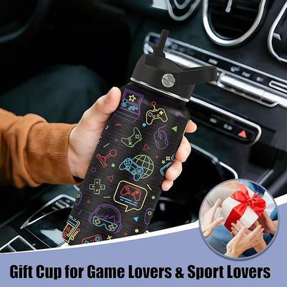 Gamer Water Bottle 32oz - Insulated Stainless Steel with Straw, Leak Proof Lid - Ideal Gaming Gifts for Kids Boys Teens - BPA-Free Sports Bottle for School, Travel & Gaming