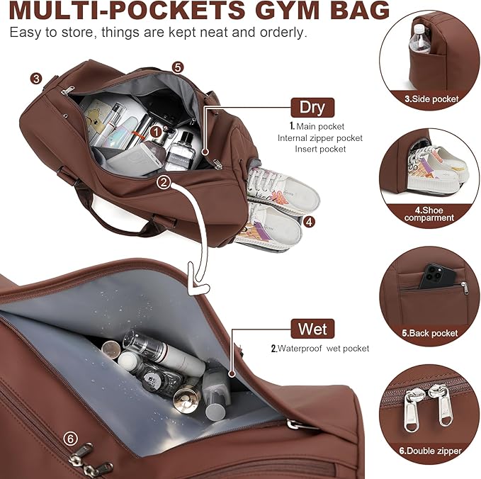 NOL Waterproof Gym Duffle Bag for Men & Women with Shoe & Wet Compartments, Multiple Pockets | Adjustable Shoulder Strap for Sports, Travel, Fitness, Workout & Hospital Use, Coffee