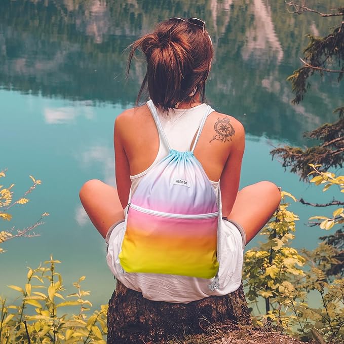 WANDF Drawstring Backpack String Bag Sackpack Cinch Water Resistant Nylon for Gym Shopping Sport Yoga (Rain bow)
