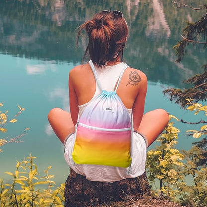 WANDF Drawstring Backpack String Bag Sackpack Cinch Water Resistant Nylon for Gym Shopping Sport Yoga (Rain bow)