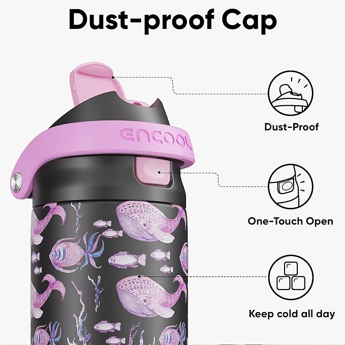 ENCOOL Leakproof Insulated Water Bottle with Straw Dual-Sip Water Bottle Bag-Safe Design for Work, Commute & Gym – Keeps Drinks Cold All Day, 24 oz, Neon Whale
