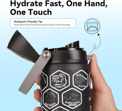Motivational Insulated Stainless Steel Water Bottle – 2-in-1 Straw & Push-Button Lid, Leakproof, BPA-Free, Keeps Drinks Cold 30H, Perfect for Gym, Sports & Travel (Black, 32 Ounces)