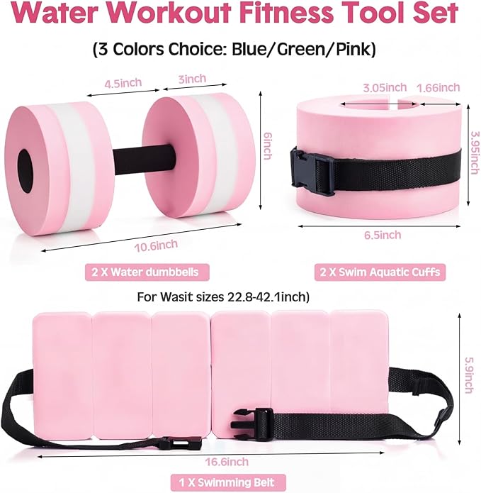 5 Pcs Pool Aquatic Exercise Set Including 2 Lightweight Water Dumbbells, 2 Ankle Swimming Weights, and Swim Belt Water Exercise Equipment for Aquatic Aerobics