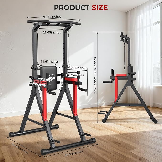 Power Tower Pull Up Bar Free Standing - 13-Level Adjustable Height Dip Station with X-Frame Stability, Multi-Grip Handles, Backrest, Anti-Slip Foot Pads - Home Gym Strength Training Equipment 400LBS