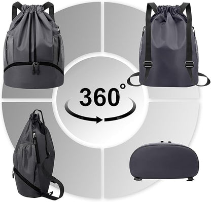 Hoedia Sports Drawstring Backpack - String Swim Gym Bag with Shoes Compartment and Wet Proof Pocket for Women and Men, Dark Grey