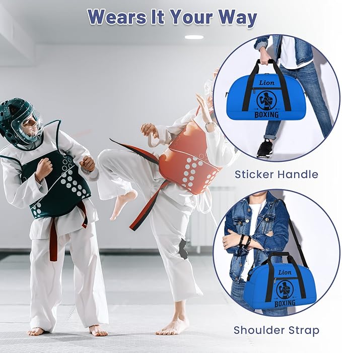 Custom Name Taekwondo Karate Duffle Bag for kids Boy Girls - Personalized Martial Arts Gear Bag, Water-Resistant Sparring Equipment Bag, Boxing Blue