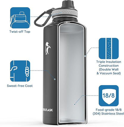 Insulated Water Bottle 87 oz with Straw, Coolflask 2/3 Gallon Stainless Steel Metal 3 Lids Large Water Jug for Sports or Office, Non-BPA Keep Cold Up to 48 Hrs or Hot Up to 24 Hrs, Magic Black