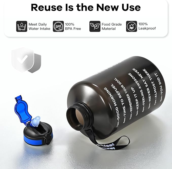 128oz Water Bottle with Time Marker, BPA Free, 1 Gallon Motivational Sports Water Bottle with Straw, for Sports, Outdoor Activities, Fitness Enthusiasts (Black)