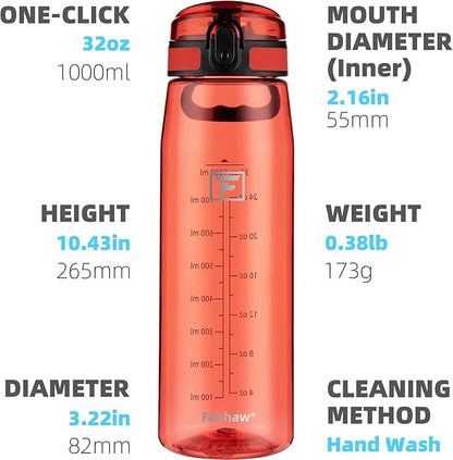 Fanhaw 32 oz Tritan Water Bottle with Chug Lid - Clear, BPA-Free, Lightweight, Wide Mouth, Leak-Proof, Perfect for Gym, Travel, School, Office, and Sports (Red)