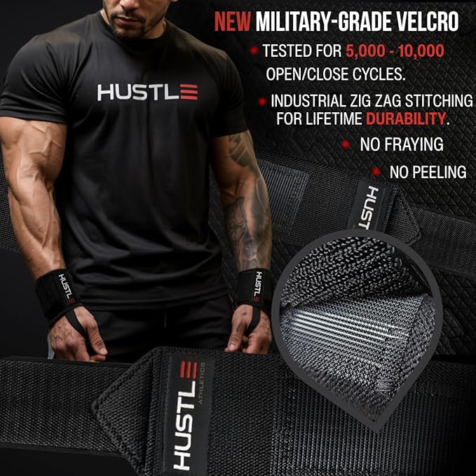 Hustle Athletics Wrist Wraps for Weightlifting - 18" & 12" Premium Wrist Support Weight Lifting Wraps to Lift Heavier & Train Harder - Heavy Duty Powerlifting & Bench Press Gym Straps for Men & Women