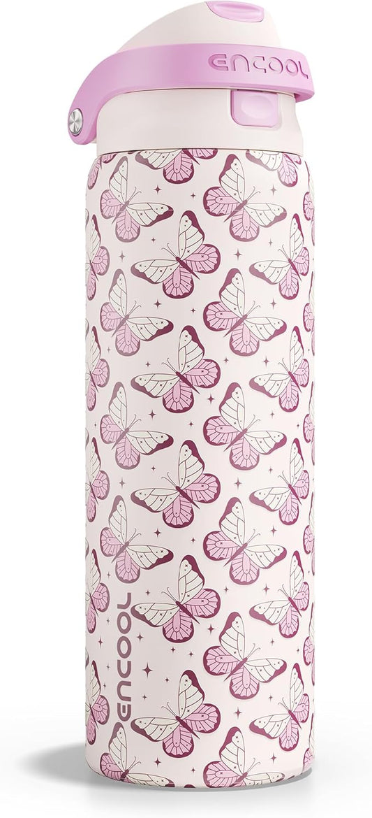 ENCOOL Leakproof Insulated Water Bottle with Straw Dual-Sip Water Bottle Bag-Safe Design for Work, Commute & Gym – Keeps Drinks Cold All Day, 32 oz, Blush Butterfly