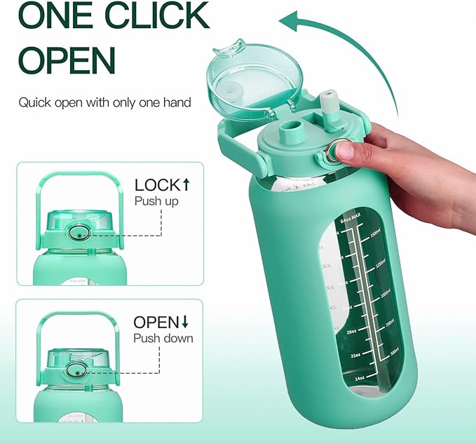 64oz Glass Water Bolttles with Straw Half Gallon Large Motivational Water Bottle with Time Marker Sports Water Bottles with Silicone Sleeve and Handle Lid Water Jug for Gym Workout