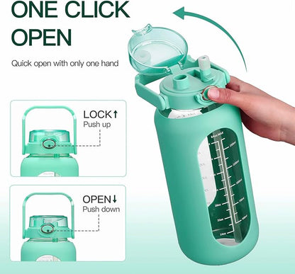 42oz/52oz/64oz Glass Water Bolttles with Straw Half Gallon Large Motivational Water Bottle with Time Marker Sports Water Bottles with Silicone Sleeve and Handle Lid Water Jug for Gym Workout