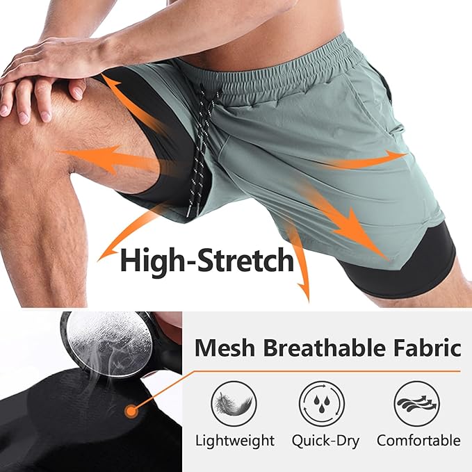 Aolesy Men's 2 in 1 Running Shorts 5" Workout Gym Athletic Shorts for Men Quick Dry Lightweight Training Shorts with Pockets