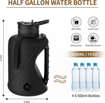 Half Gallon Water Bottle with 2-In-1 Straw Lid，Dishwasher Safe，Easy Clean，BPA-Free，Durable Solid No-Slip Handle for Gym，Work and Outdoor Sport