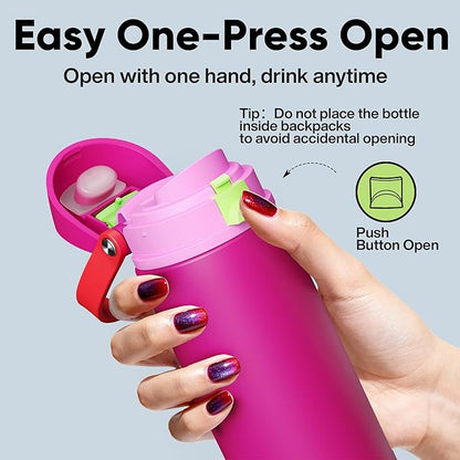 Insulated Water Bottle with Straw - Encool Stainless Steel Water Bottle with Push Button Lid, Leak-Proof & BPA-Free, Keeps Cold for 24 Hours for Sports, Travel, Gym (24 oz, Cerise Pink)