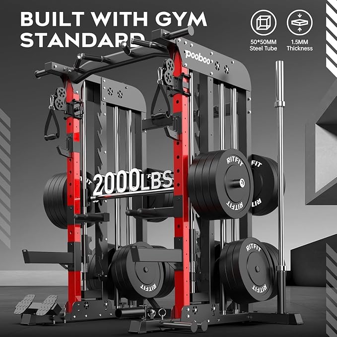 pooboo Multi-Functional Machine Power Cage, 2000LB Squat Rack, LAT-Pull Down System, Dual Pulley Cable Crossover System, Home Gym Workout Machine with Strength Training Attachments