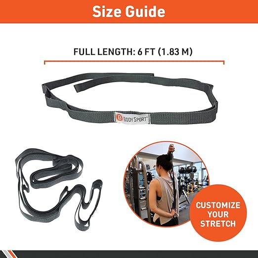 Body Sport Static Stretch Strap, 6 ft. Long - Durable Woven Tool for Home Fitness & Gym with Loops for Yoga, Stretching, Physical Therapy & Rehab