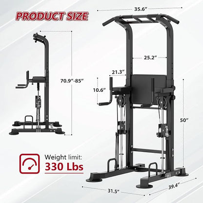 DlandHome Power Tower, Height Adjustable Pull Up Bar Dip Station with Assisted Pad, Multi-Function Home Gym Strength Training Fitness Equipment 330LBS, Black