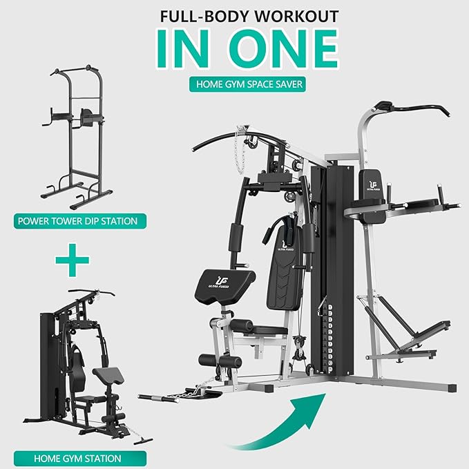 Multifunctional Home Gym Equipment Workout Station with Pulley System, Arm, and Leg Developer for Full Body Training