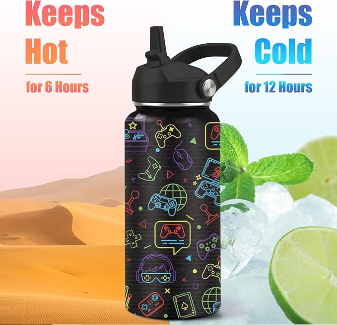 Gamer Water Bottle 32oz - Insulated Stainless Steel with Straw, Leak Proof Lid - Ideal Gaming Gifts for Kids Boys Teens - BPA-Free Sports Bottle for School, Travel & Gaming