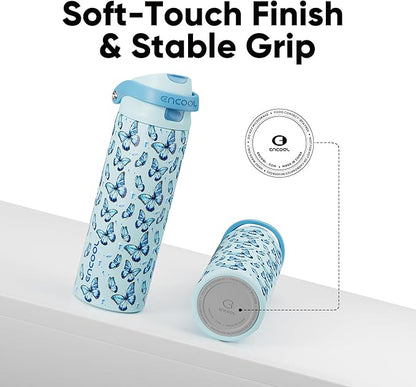 ENCOOL Leakproof Insulated Water Bottle with Straw Dual-Sip Water Bottle Bag-Safe Design for Work, Commute & Gym – Keeps Drinks Cold All Day, 32 oz, Glacier Butterfly