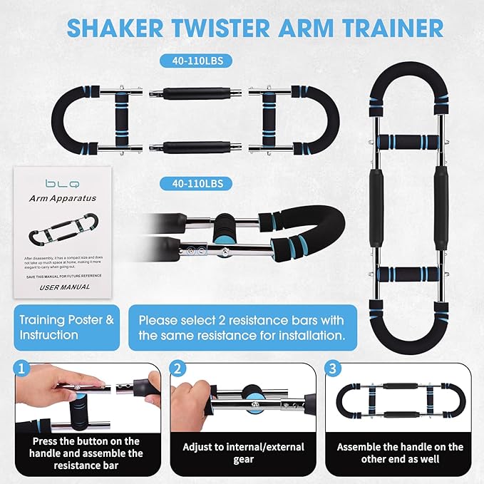 Twister Arm Trainer, 40-110lb Adjustable Power Bar, Chest Shoulder Arm Workout Equipment, Portable Detachable Spring Resistance for Home Gym, Men & Women