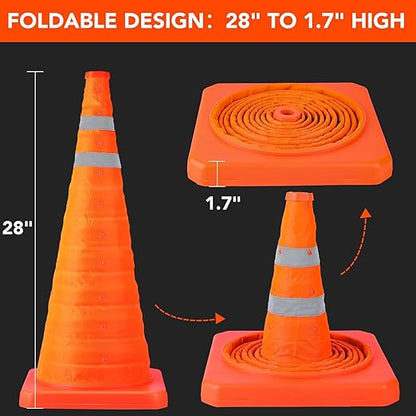 TENKAIWICK 28 Inch 2 Pack Traffic Cones, Collapsible Safety Cones, Multi Purpose Pop-up Cones with Reflective Collar, Orange Cones for Parking lot, Driveway, Driving Training etc