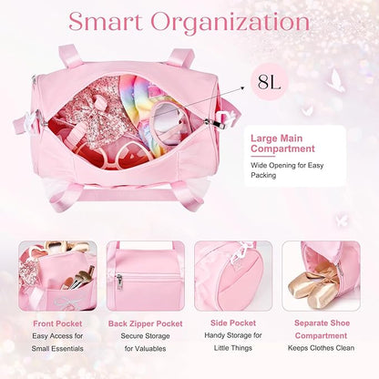 Dance Bag for girls, KUIRAN 8L Dance Duffel Bag with Separate Shoe Compartment Lightweight Water-resistant Sport Bag for Dance, Ballet, Gym, Travel - Pink