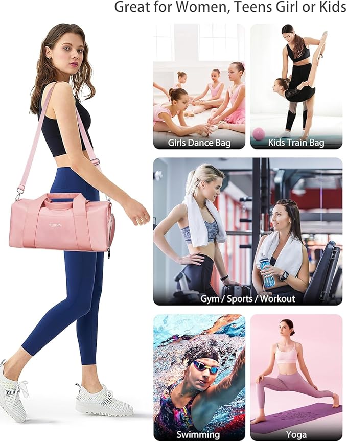 Sports Small Gym Bag for Women Girls, Cute Mini Duffle Bag with Wet Pocket & Shoes Compartment, Personal Item Travel Workout Bag, 16"-Small, Pink