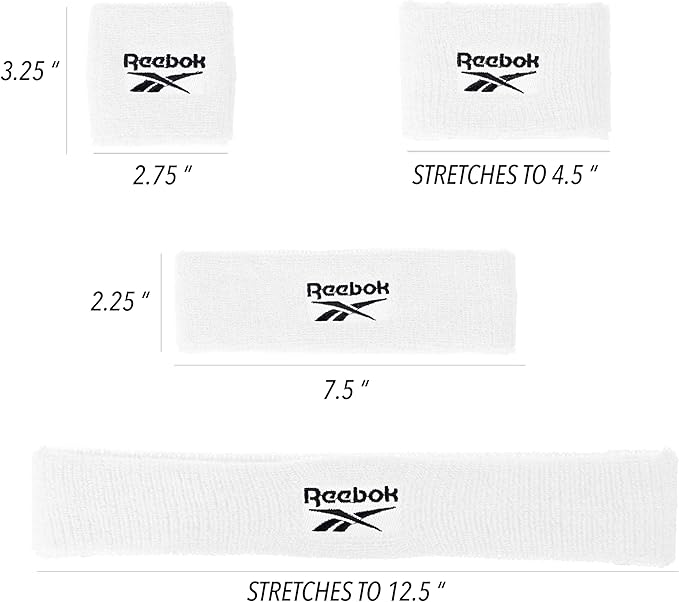 3pc Unisex Athletic Sweatband Set - 2.25in Workout Headband & 3.25in Wristbands w/Stay Dry Technology, Terry Cloth Band Moisture-Wicking Fabric | Quality Fitness Accessories for Active Comfort-Reebok