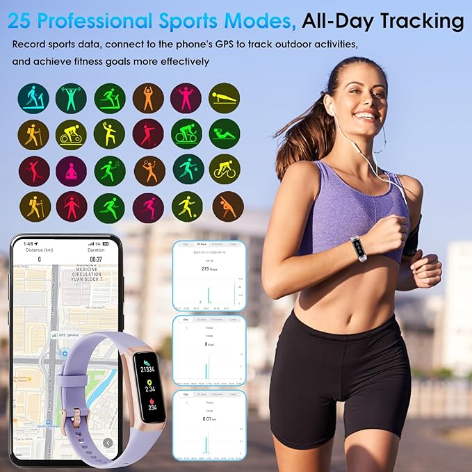 Fitness Tracker, 24/7 Heart Rate Blood Oxygen Blood Pressure Body Temp Monitor Sleep Calorie Tracker with 1.1" AMOLED Touch Color Screen Pedometer Smart Watch Waterproof for Women Men (Purple)