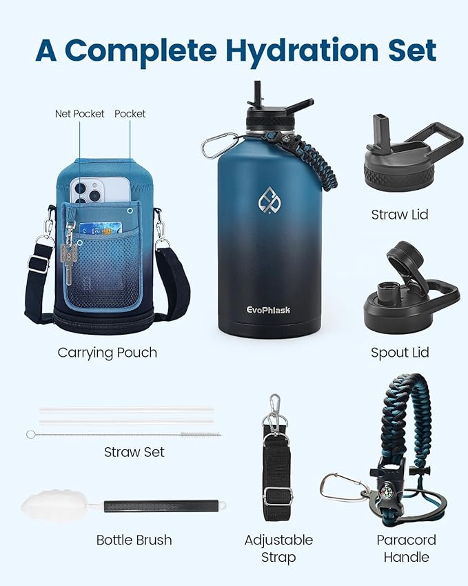 1 Gallon Water Bottle Insulated, Vacuum Stainless Steel Water Bottle Keep Cold 48Hrs, 128 oz Large Gallon Water Jug for Travel, Sport, Gym, Hiking with Carrier Bag, Indigo/Black