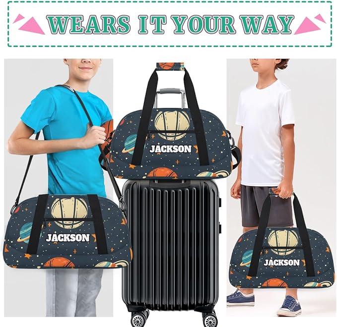 Personalized Basketball Gym Duffel Bags with Name for Kids Boys, Custom Sport Training Travel Bags for Overnight Weekender, Dark Blue Space