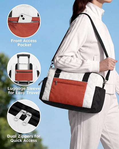 Small Gym Bag for Women, Mini Sports Duffle Bag for Workout Dance Ballet Yoga Gymnastics, Quilted Lightweight Puffer Travel Tote with Detachable Coin Purse & Wet Pocket, Beige-black-brown