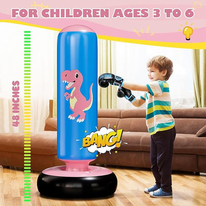 QPAU Inflatable Punching Bag, 48 Inch Stable Inflatable Boxing Bag for 3-6 Kids,Dinosaur Toy & Gifts for Boys and Girls, Kids Boxing Set for Practicing Karate, Taekwondo